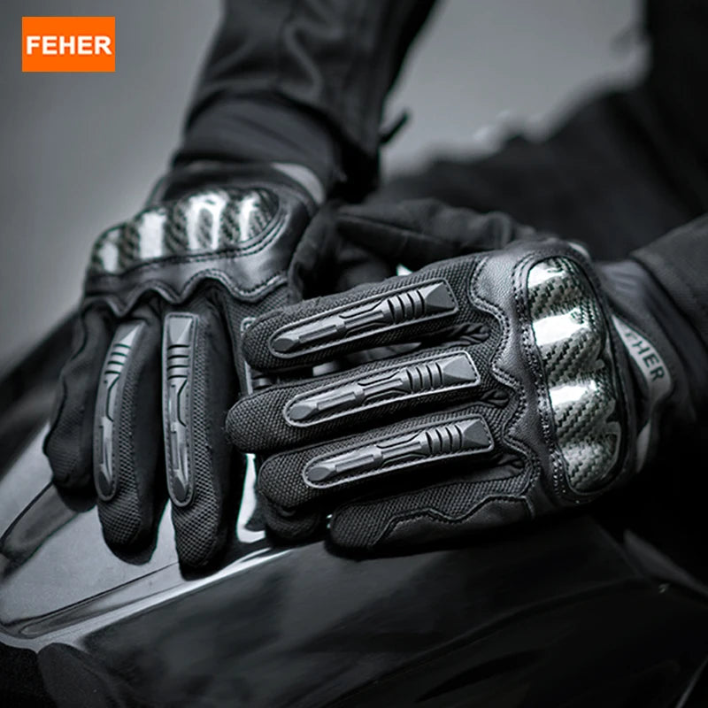 FEHER Men's Motorcycle Gloves Summer Breathable Genuine Leather Riding Gloves Touch Screen Anti-fall Ventilated Motorbike Gloves
