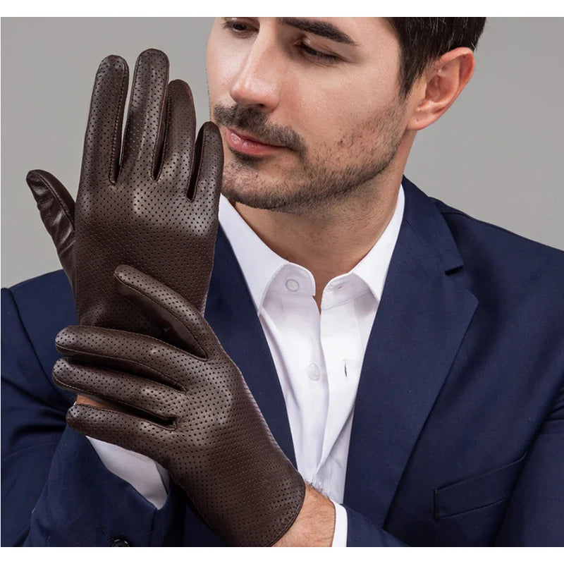 Genuine Sheepskin Leather Gloves Men Breathable thin silk lining Touchscreen Outdoor Cycling Driving Motorcycle Gloves spring