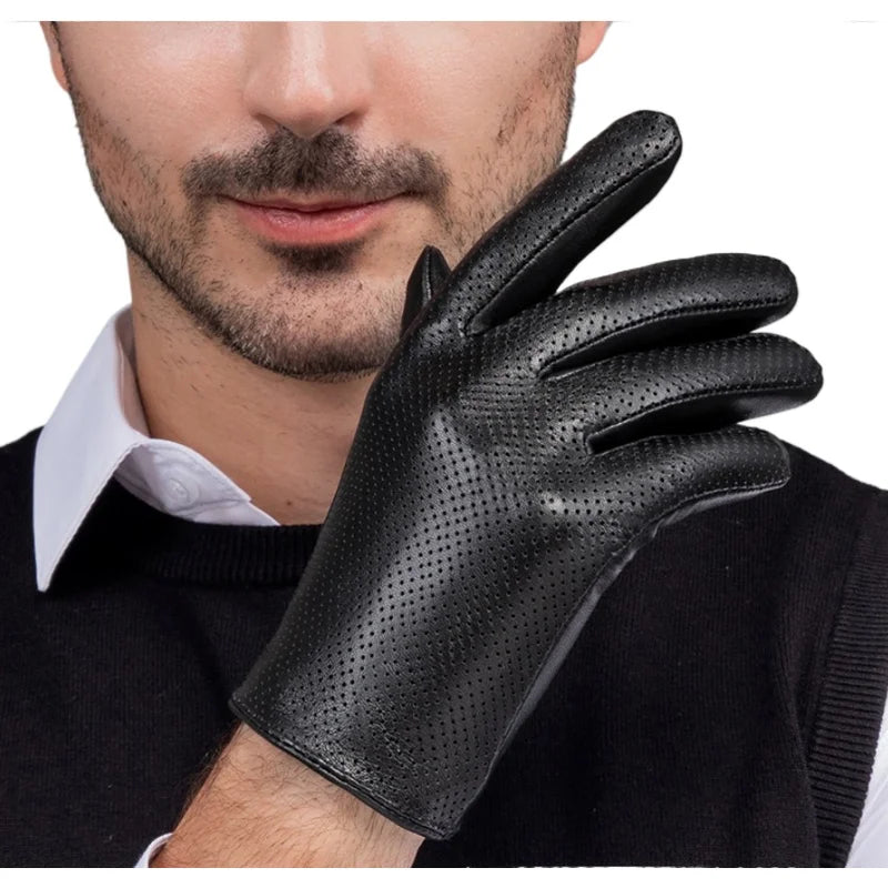 Genuine Sheepskin Leather Gloves Men Breathable thin silk lining Touchscreen Outdoor Cycling Driving Motorcycle Gloves spring